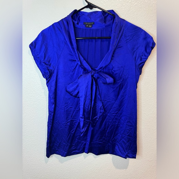 Theory Y2K Royal Blue Silk Blouse Tie Neck Bow Size S - Picture 1 of 7